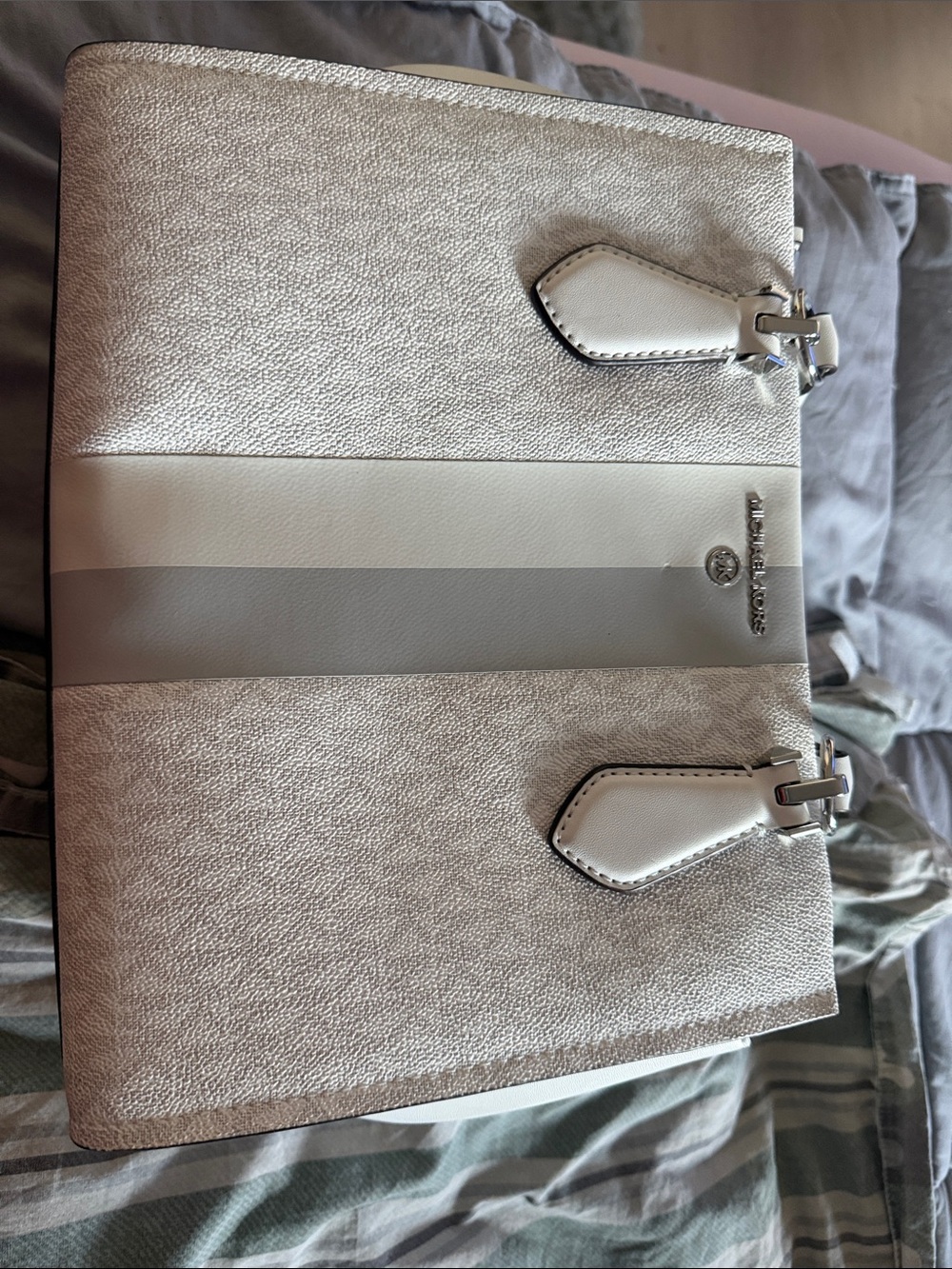 Michael Kors Cream and Light Gray Stripe Tote